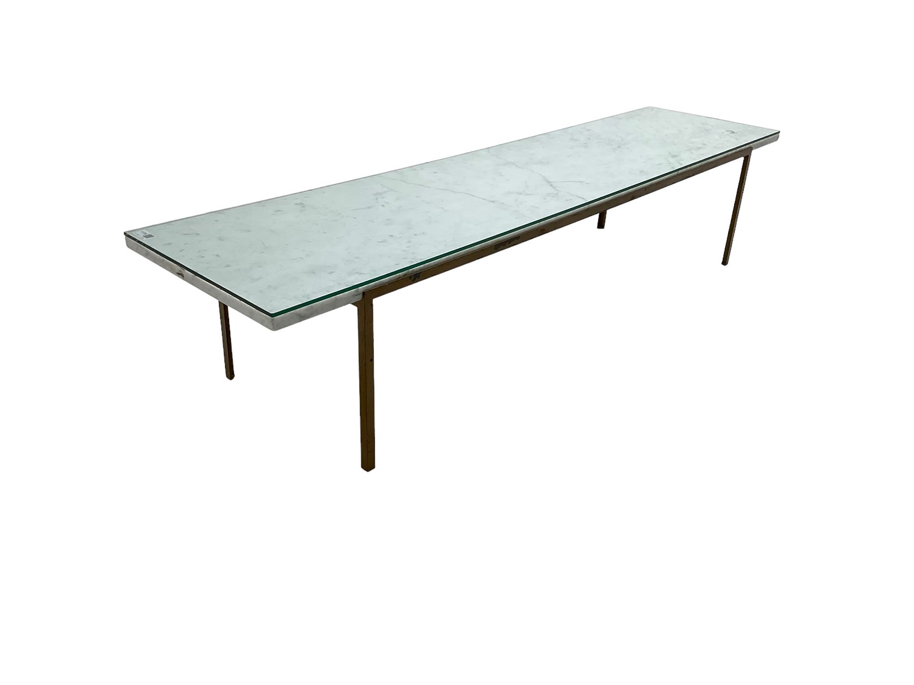 Long narrow rectangular marble top coffee table, on wrought metal base