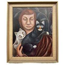 Jerzy Marek (Polish 1925-2014): 'Triangle' - Lady with Cats, oil on canvas board signed, titled and dated 1980 verso 49cm x 40cm 
Provenance: exh. Tib Lane Gallery Manchester, June 1982, label verso