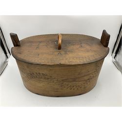 19th century Scandinavian Svepask / Tine box, the pine oval form body with notched posts and conforming lid decorated with Folk Art style pokerwork decoration and single carry handle, L38cm