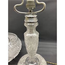 Cut glass table lamp base, of tapering form upon circular base, with conforming cut glass domed lamp shade, H45cm