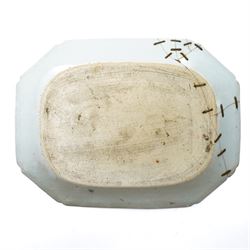  18th century Chinese export platter decorated in blue and white with a river landscape W40cm and two other Chinese export platters (3)