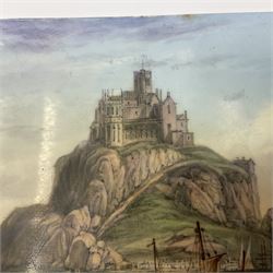 Richard Abbott: St Michael’s Mount, painted oil on porcelain plaque, with 'St Michaels Mount painted by R. Abbott', inscribed on reverse, H15cm, W19cm