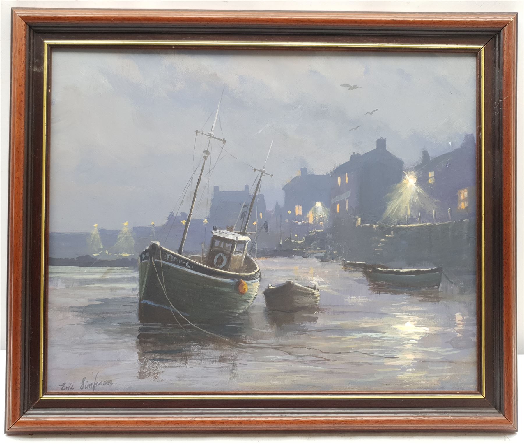 Eric Simpson (Late 20th century): The Harbourside at Night, oil on board signed 29cm x 37cm