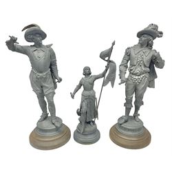 Pair of spelter figures modeled as Cavaliers, together with a spelter figure of Joan of Arc, largest H52cm