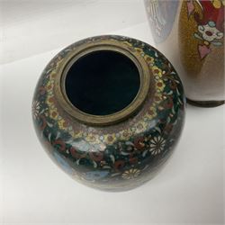 Pair of Japanese cloisonne Koro, decorated with colourful flower head motifs and raised on three feet, missing covers, together with a cloisonne vase, vase H30cm