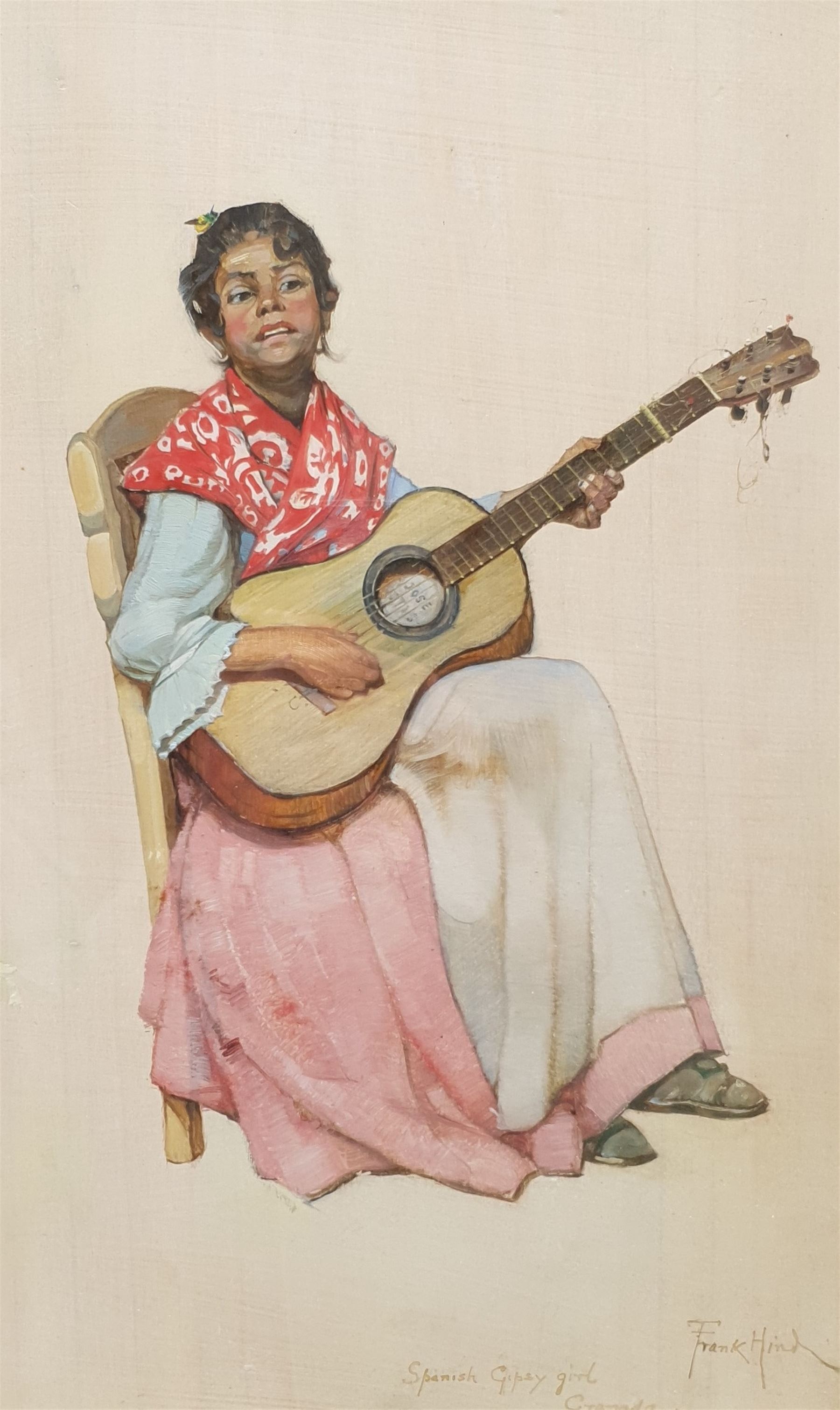 Frank Hind (British exh.1884-1904): 'Spanish Gipsy Girl Granada', oil on panel signed and titled, further signed and titled verso 38cm x 23cm