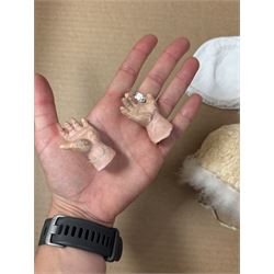 Two German bisque head dolls, to include a Franz Schmidt example with blue glass eyes and an Armand Marseille 590 example with applied hair, together with a Schoenau & Hoffmeister bisque doll's head, pair of doll's hands and a collection of clothing