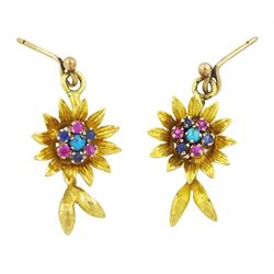 Pair of 18ct gold ruby, sapphire and turquoise earrings, each stud suspending a flower hea...