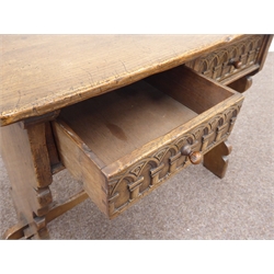  17th century style oak side table, rectangular top, two drawers, splayed shaped end supports jointed by pegged stretcher, W107cm, H76cm, D51cm  