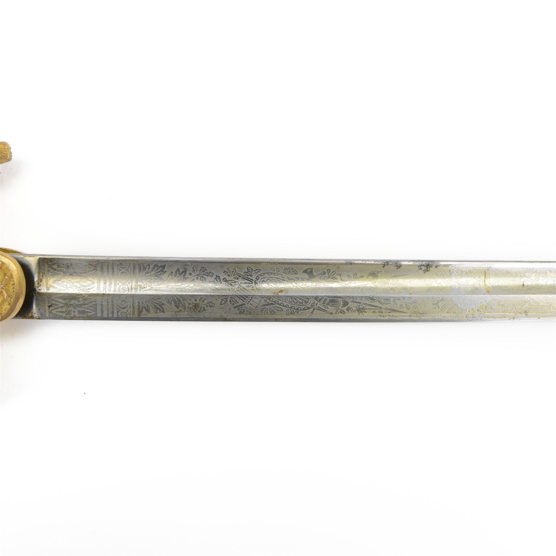 Prussian cavalry officer's sword, with 79cm etched curved blade double-edged towards the point, crossed swords insignia to langet, stirrup knuckle bow, wirebound black grip and lion's head pommel with inset ruby eyes and lion head to the quillon, in black painted steel scabbard with single suspension ring, overall L97cm
