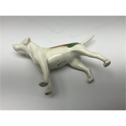 Beswick hunting group, comprising huntswoman on dappled grey horse no 1730, huntsman on bay horse no 1501, two fox figures no 1440 and 1748, and four fox hounds, all with printed marks beneath (8)