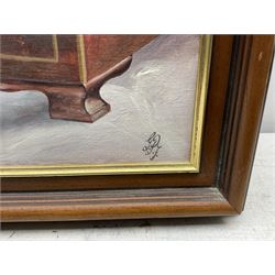 Graham Flight (20th century): Cat at the Dressing Mirror, oil on canvas signed with initials 60cm x 50cm