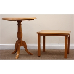  Shaw & Riley 'Sea horsemen' of Hessay elm circular occasional table, single turned column, three sabre supports and a rectangular side table (2)  