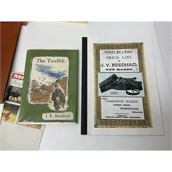 Collection of books, pamphlets and catalogues on guns and shooting including Colin Greenwood: Rook & Rabbit Rifle. 2006; Frank de Haas: Bolt Action Rifles. 1984 and Single Shot Rifles and Actions. 1969; Ian Skinnerton: .577 Snider-Enfield Rifles and Carbines. 2003 and two Small Arms Identification Series booklets; two Collectors Guides on Air Rifles by D.E. Hiller etc; and Bruce Bairnsfather Bystander's Fragments From France No.4