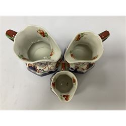 Graduated set of three early 20th Century imari pattern jug by Allertons, all stamped beneath, largest H16cm