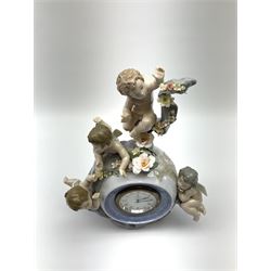 A Lladro mantel clock modelled as a globe with inset clock, surmounted by four putti and floral garlands, with blue printed mark and impressed 5973 beneath, H29cm.