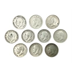 Ten King George V silver half crown coins, five dated 1818, five 1919 