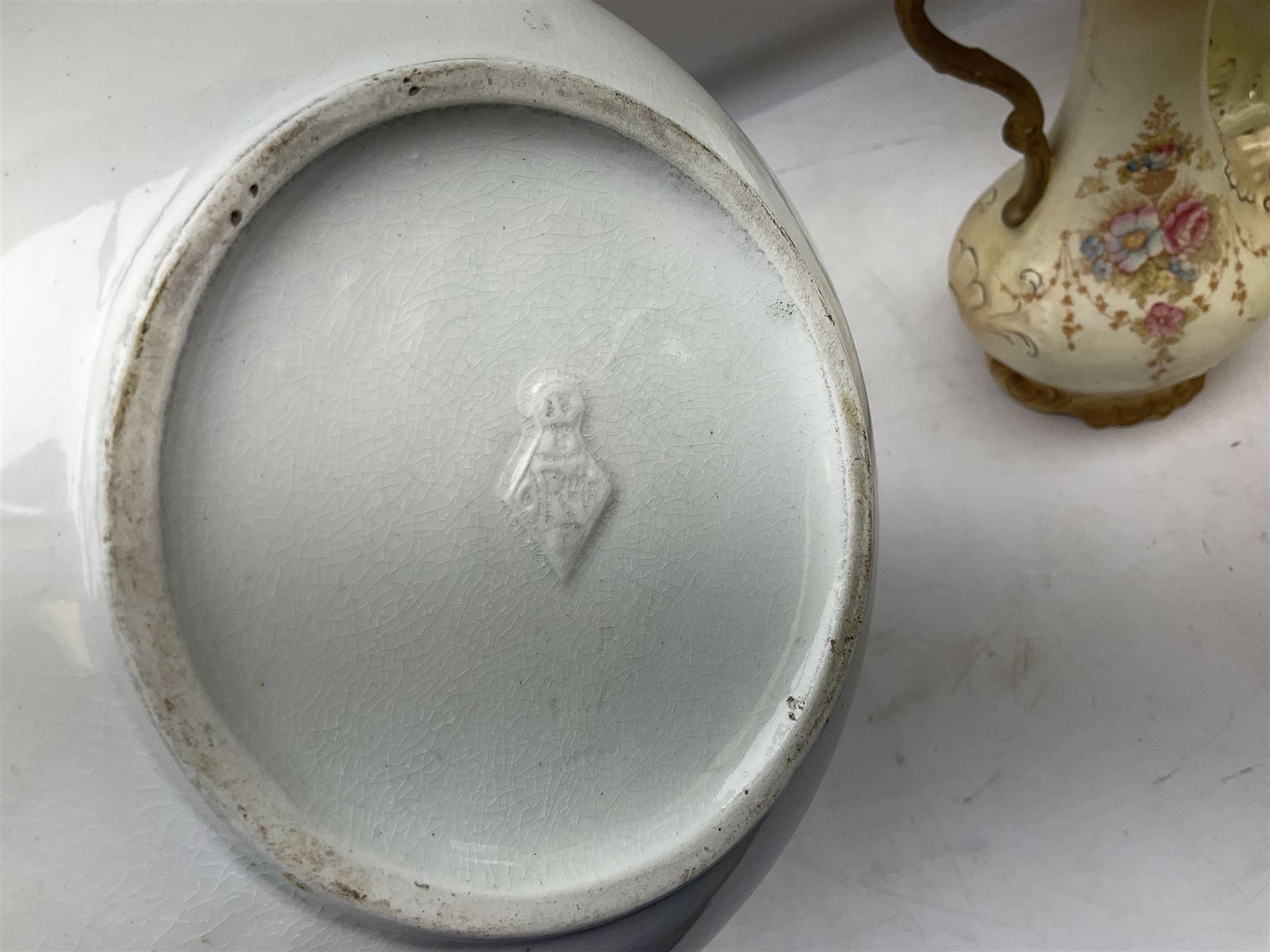 Fieldings Crown Devon Windsor pattern wash jug and bowl, together with two blush ivory ewers and other Victorian ceramics to include twin handled vase of flattened form and jug, tallest H36cm