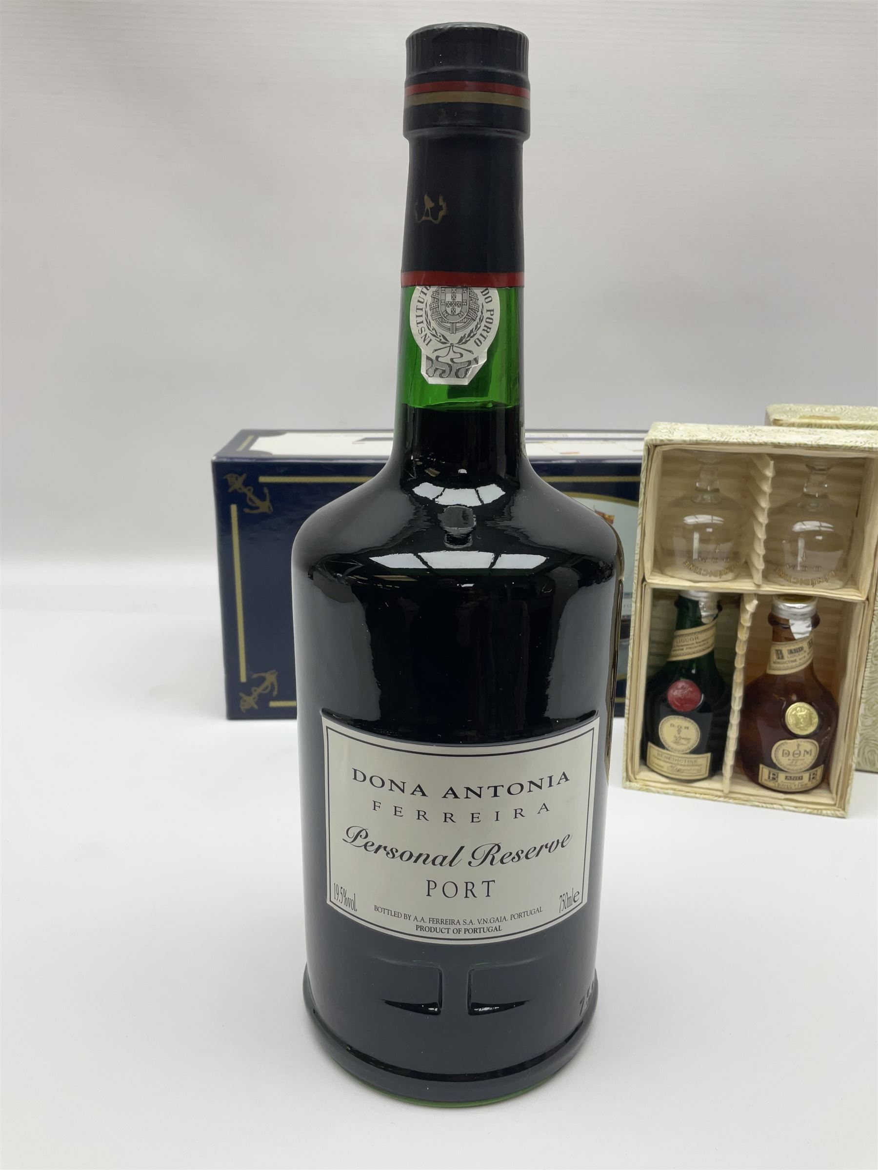 Dona Antonia Ferreira Personal Reserve port, commemorating the decommissioning of HMY Britannia, together with two miniature bottle of DOM B&B Benedictine with glasses, various contents and proof, boxed
