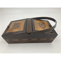 19th century rosewood Tunbridge Ware basket, of rectangular form with curved bentwood handle, and twin hinged sloping covers, lifting to reveal paper lined interiors, not including handle H5.5cm D10.5cm L18cm