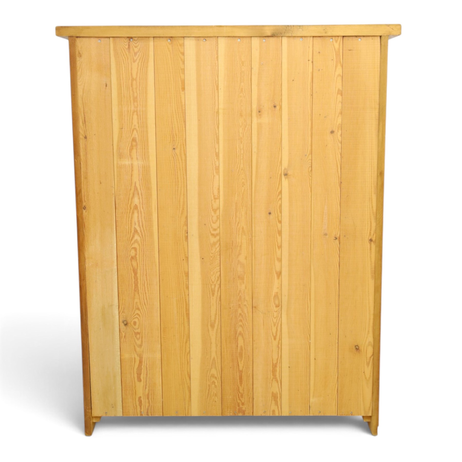 Indigo Furniture - large rustic oak cupboard with faux-drawer fronted cupboard, rectangular top above a cupboard door to the left with latch, a bank of four drawers to the right, metal cup handles raised on shaped supports