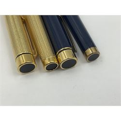 Sheaffer Targa 1011 Diamond Square fountain pen, the gold plated barrel with nib stamped 14K 585, together with another Sheaffer Targa fountain pen with blue barrel and gold nib stamped 14K 585 and matching ballpoint, and Sheaffer ballpoint pen with sterling silver barrel, largest L13.5cm (4)