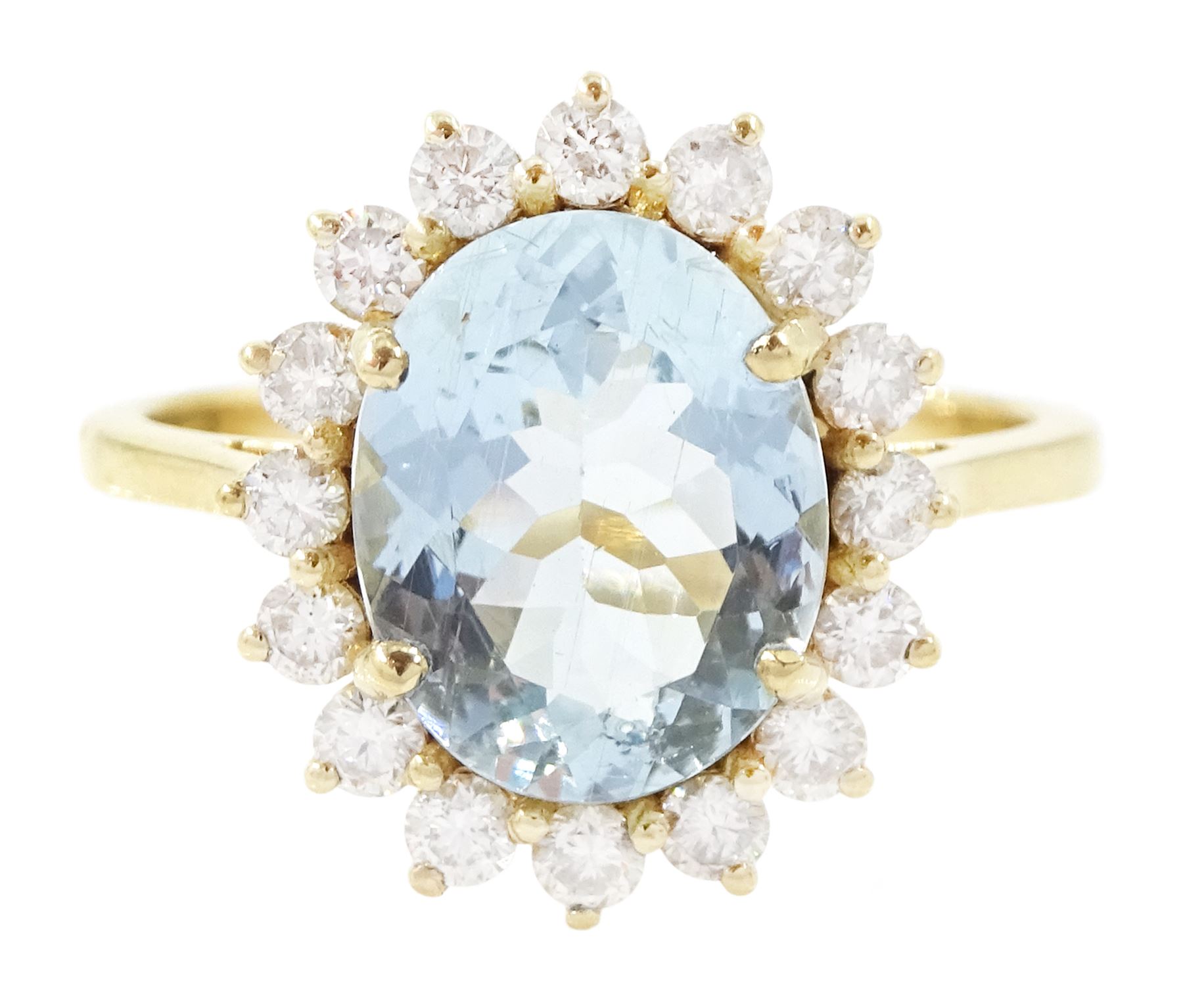 18ct gold aquamarine and diamond cluster ring, single oval cut aquamarine of approx 2.05 carat, with sixteen round brilliant cut diamond surround, stamped, total diamond weight approx 0.40 carat