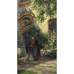 Hans Holzapfel (German 1884-1960): Monk Sweeping a Courtyard, oil on canvas mounted onto board signed 36cm x 20cm