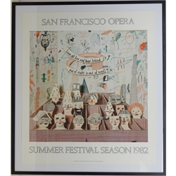  David Hockney (British 1934-): 'San Francisco Opera', signed exhibition poster for Summer Festival Season 1982, 98cm x 86.5cm Provenance: from the collection of the late Cavan O'Brien of Bridlington who was employed by Marlborough and Fischer Fine Art London  