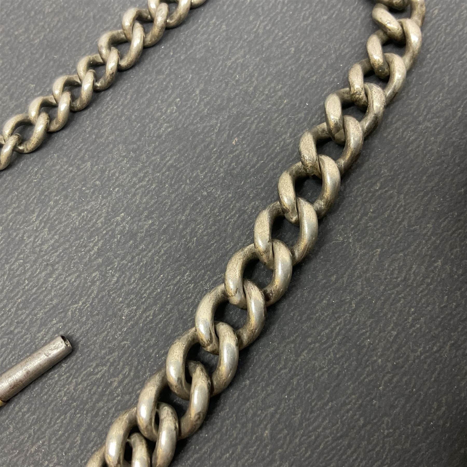 Victorian silver pair cased fusee lever pocket watch, No. 6765, cream enamel dial with Roman numerals, case makers mark R.S, Birmingham 1861, on silver Albert chain