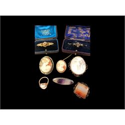 Collection of 9ct gold jewellery, including cameo brooches and ring and silver blue john b...
