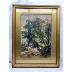 Thomas Robert Colman Dibdin (British 1810-1893): Figures Crossing a Bridge on a Wooded Country Lane, watercolour signed and dated 1868, 75cm x 53cm