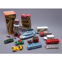  Various makers - unboxed and playworn die-cast models including Dinky Spectrum Pursuit Vehicle and Daimler ambulance, two boxed Matchbox MOY Nos. Y-2 and Y-7 etc and modern Chinese tin-plate clockwork robot, boxed  