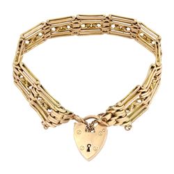 Gold five bar fancy gate bracelet, with heart locket clasp, stamped 9ct gold, approx 27.5gm
