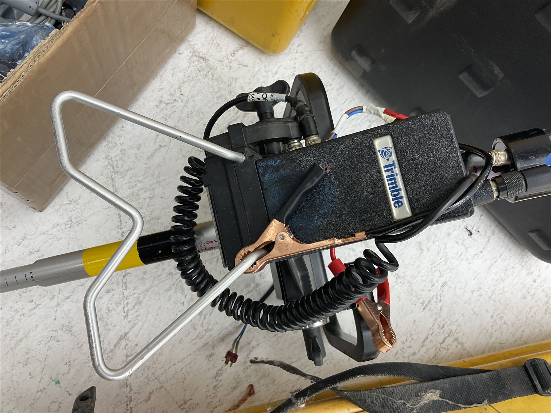 Trimble land surveying equipment - 5000 Series 5603 DR300+ Robotic Reflectorless Total Station, serial no.84310406; in carrying case; together with GPS Holder 58317019, serial no.95320184; ACU 571225500, serial no.83214786; Docking Station 58252019, serial no.95823458 with Power Supply; RMT 606 Remote Target on pole with CU Holder and External Georadio 2.4GHz; cased Power Pack Kit; folding tripod; and aluminium 5m telescopic measuring staff