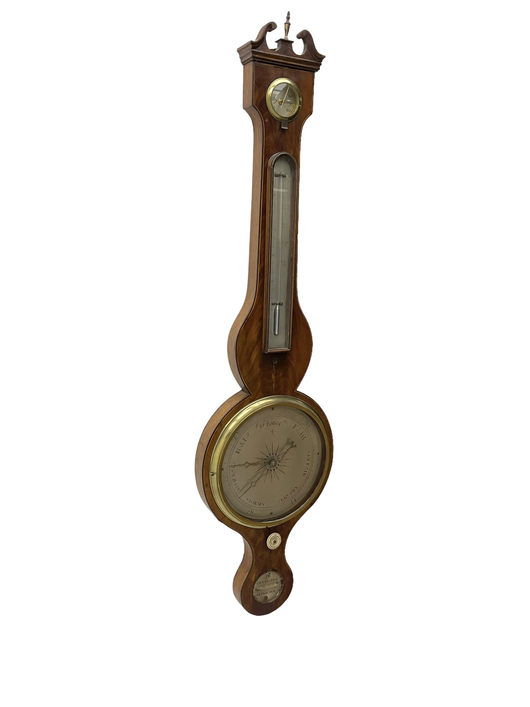 Late 19th century mahogany  mercury barometer by  Ciceri & Pine Edinburgh -  with a swans neck pediment, brass finial and rounded base, with a  circular hygrometer, boxed mercury thermometer, level bubble and 8