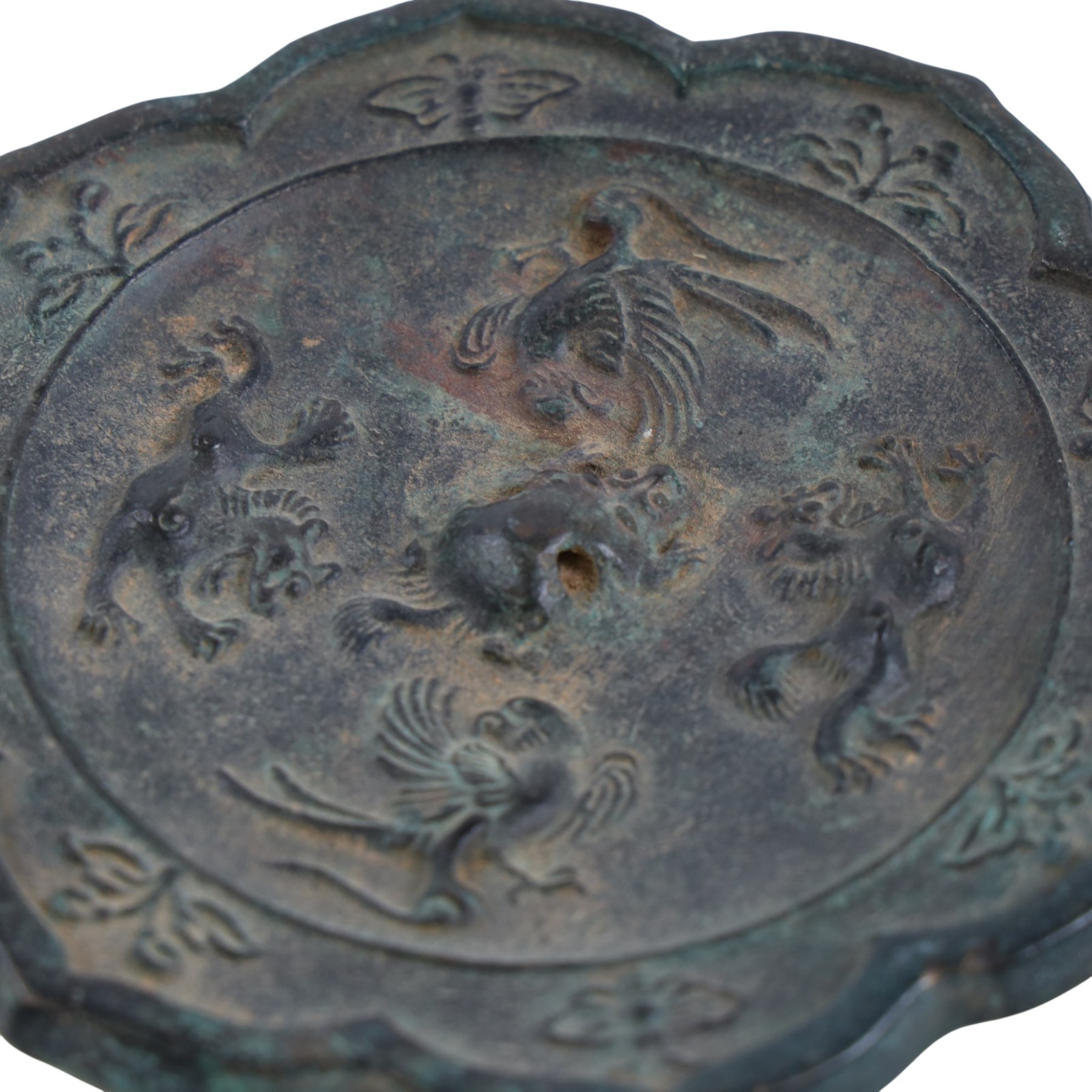 Chinese lobed bronze mirror, decorated with birds and mythical animals, together with two other mirrors and bronze vase, vase H37cm