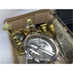 Quantity of silver plated and other metal ware to include Community cutlery and brass, together with Polaroid tv etc in three boxes