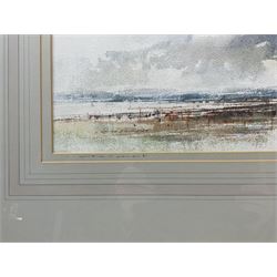 Tom Harland (Yorkshire 1945-2012): 'Storm on the Cumberland Coast', ink and watercolour signed, titled and signed on the mount 24cm x 51cm 