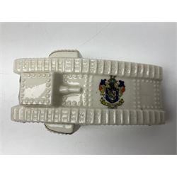 Ten WW1 crested china military models of tanks and field guns; various makers including Goss, Grafton China, Arcadian China, Savoy China etc; various crests including Portsmouth, Brighton, Pendleton, Paignton, Cowes, Flamborough etc (10)