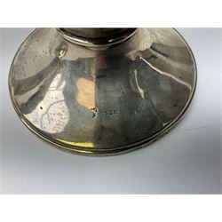 1920's silver mounted capstan inkwell, hallmarked Charles Boyton & Son Ltd, London 1929, together with an early 20th century silver mounted dwarf candlestick, hallmarked A J Pepper & Co, Birmingham 1918