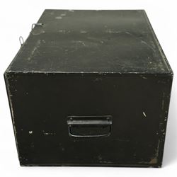 19th-century painted steel document box, front opening with shelf and side-mounted carrying handles, with maker's stamp for John Kelly & Son, Edinburgh, painted in gold lettering, 