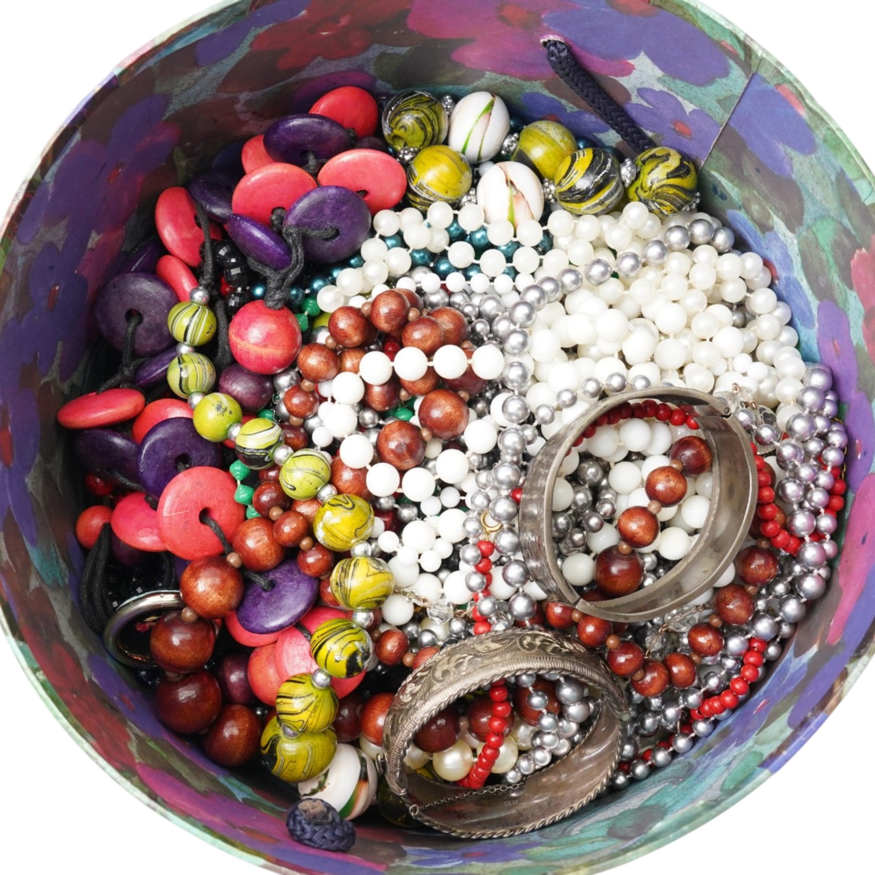 Two silver hinged bangles, 9ct gold mounted shell carved cameo brooch, badges, beaded necklaces etc