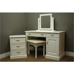  Beevers Whitby white finish dressing table. W117cm, with mirror, stool and matching bedside chest, W48cm (4)  