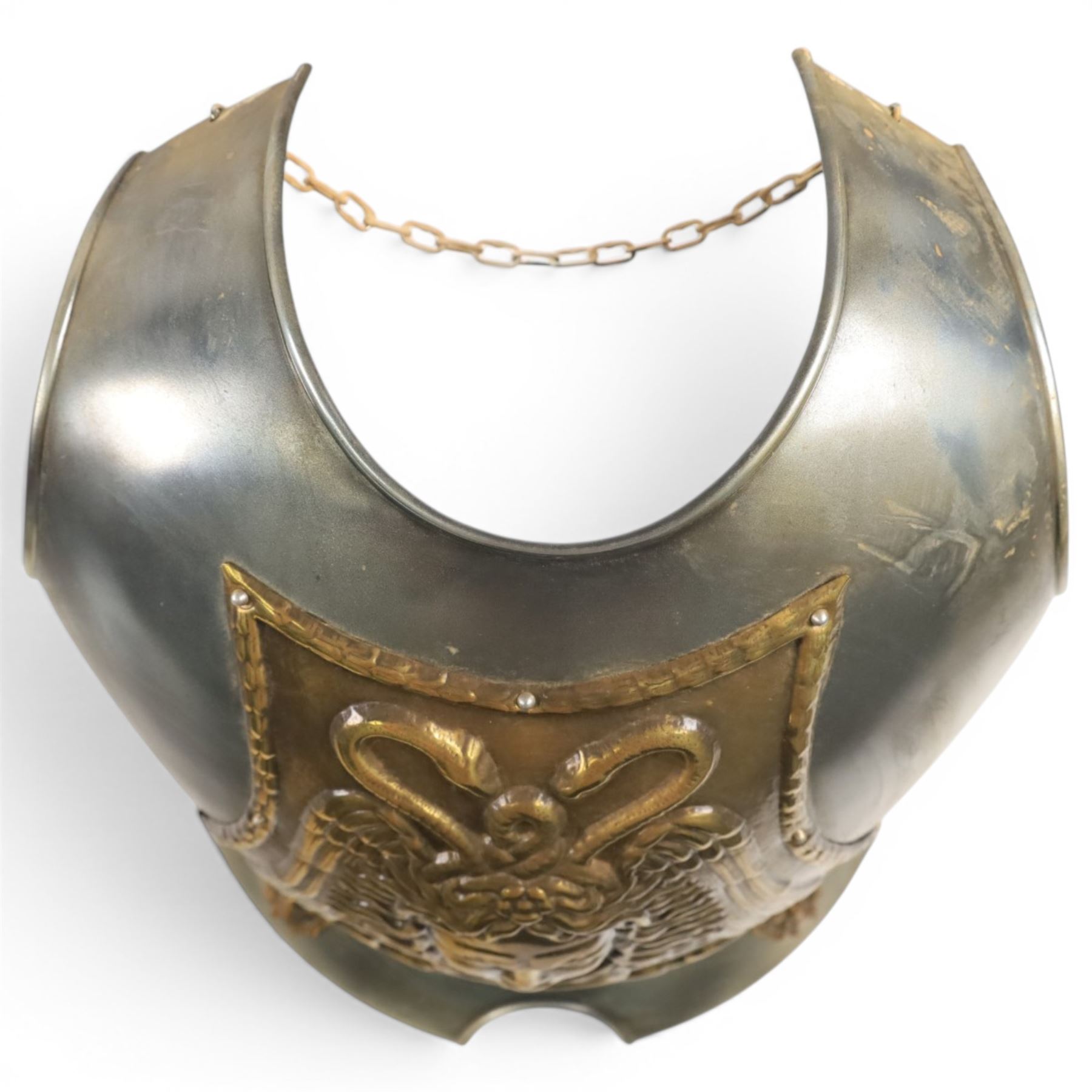 Two reproduction breast plates, including on example with Medusa to the front, H42cm