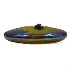 John Ditchfield for Glasform disc paperweight in iridescent yellow with green lily trail and silver hallmarked frog to top, D13cm