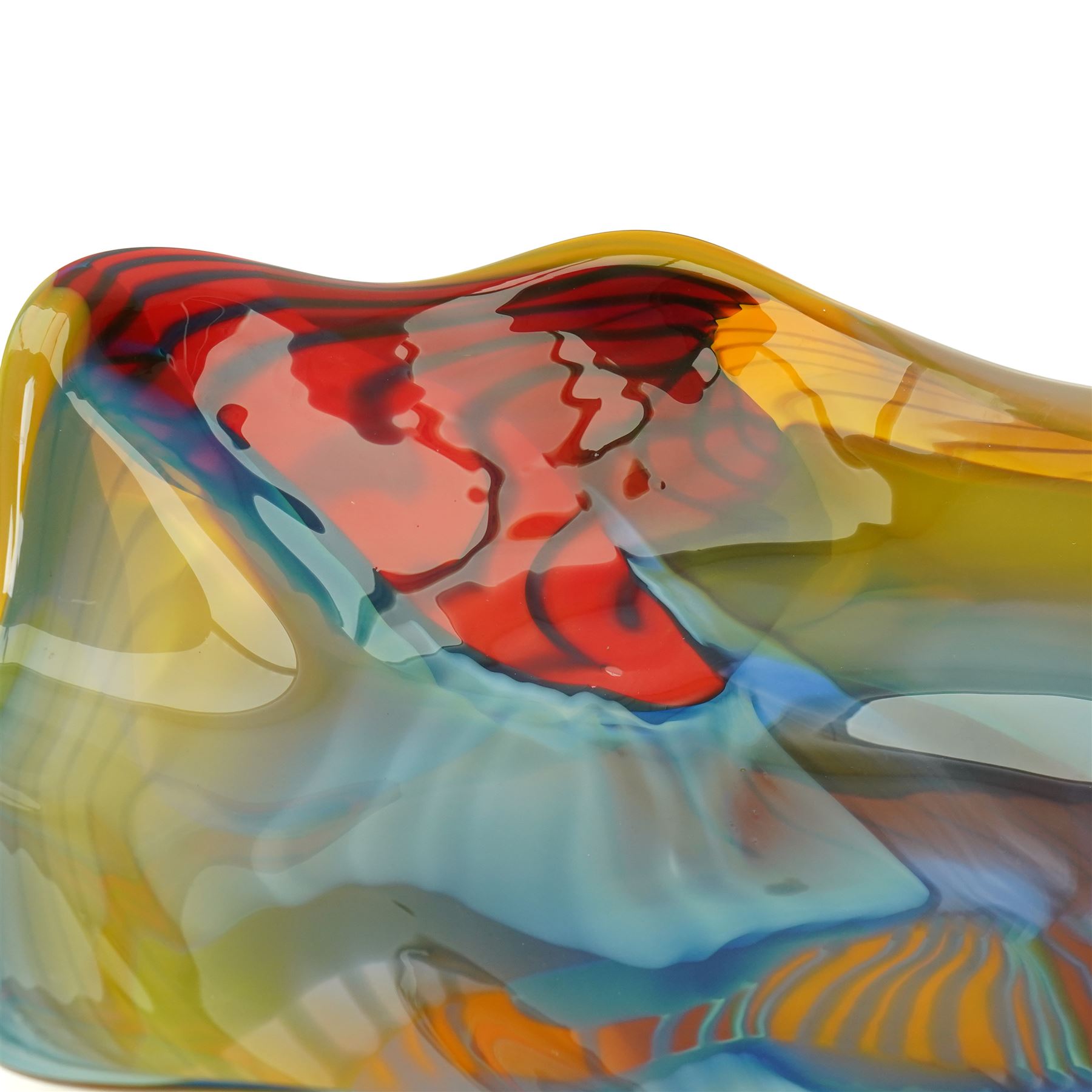 Peter Layton (British 1937-): 'The Arrival of Spring on the Wolds', large and impressive hand blown studio glass platter, signed to base, D60cm 
Provenance: purchased from the David Hockney 'Bigger Picture' exhibition at the Royal Academy in 2012 as part of a series.
Notes: Layton was a fellow student and close friend of Hockney.