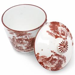 Early 19th century cream pail and cover printed in terracotta with figures sitting in a garden taking tea and with faux loop handles, with old label to the base 'Shorthose & Co. Staffordshire' H9cm