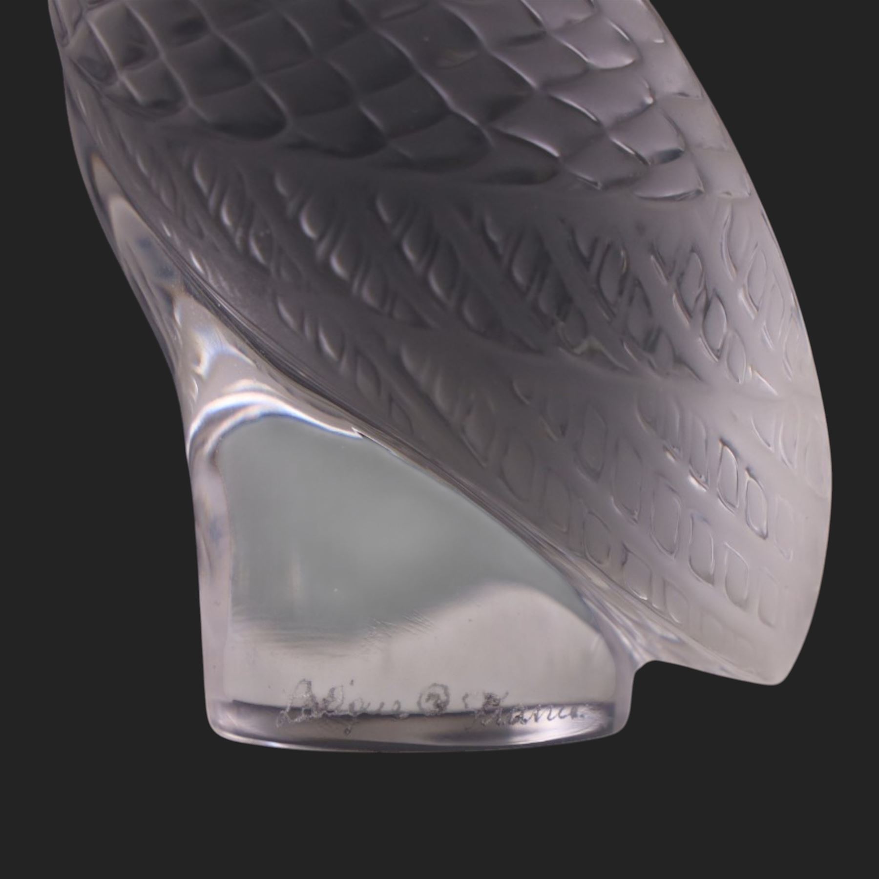Lalique frosted glass owl, signed to base, H9cm
