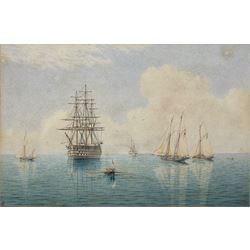 William Frederick Settle (Hull 1821-1897): British Man o' War at Anchor with Crew rowing to Shore, watercolour signed with monogram and dated '85, 22cm x 33cm